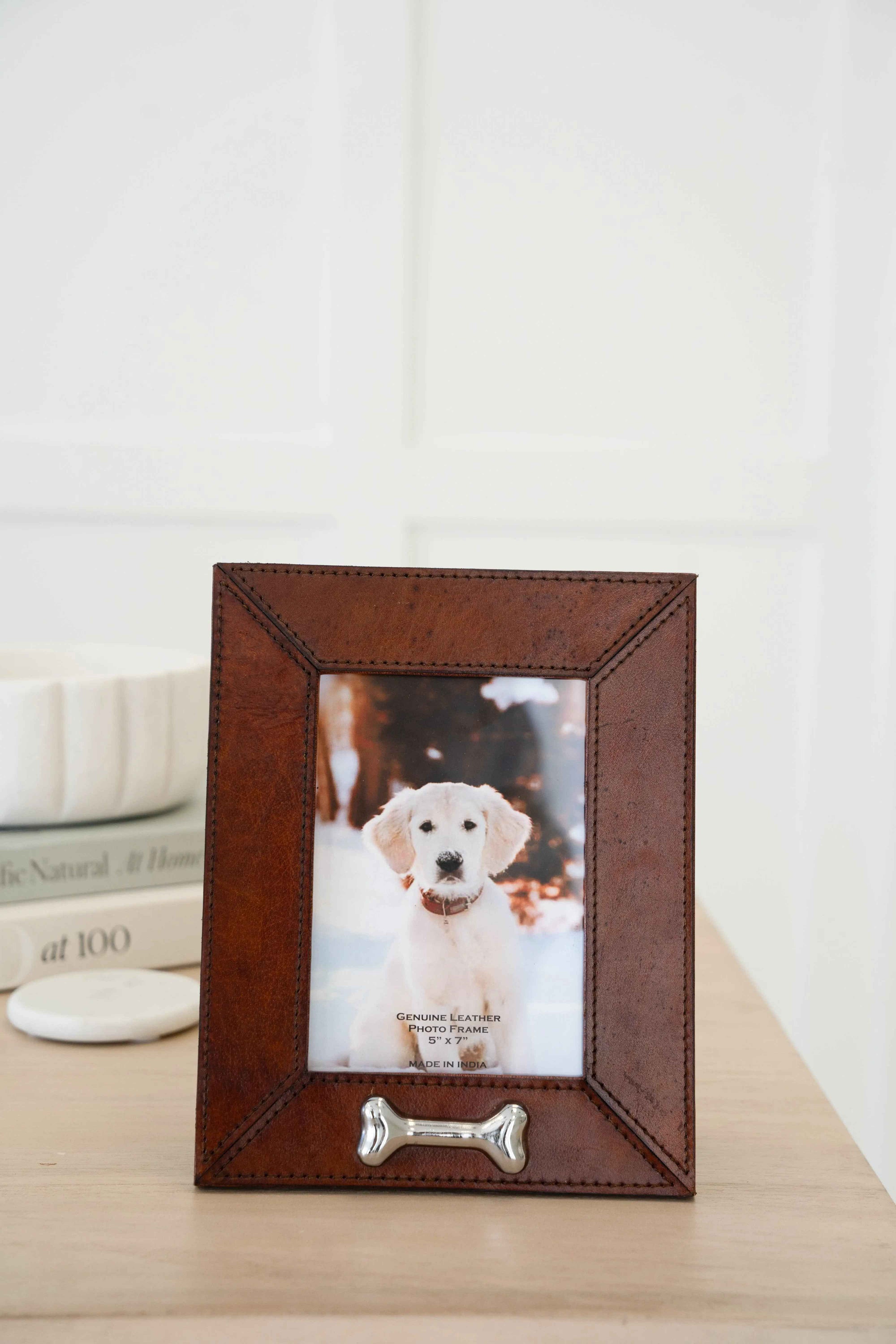 Huntley Pet Leather 5x7 Picture Frame with Silver Bone Accent