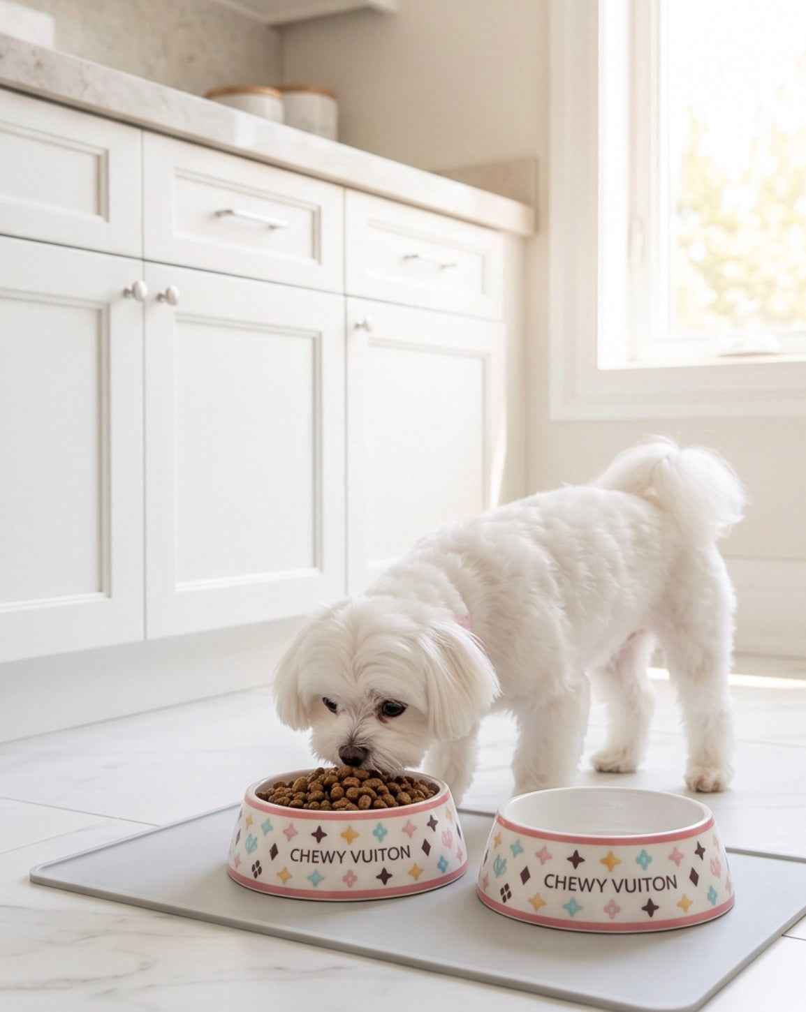 Haute Diggity Dog White Chewy Vuiton Dog Bowl