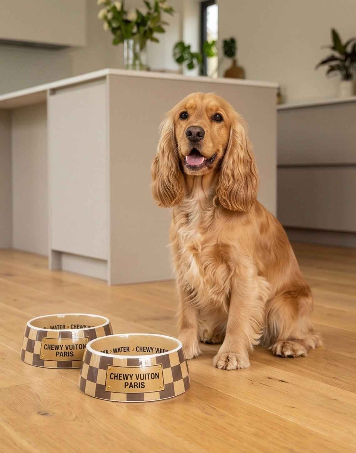 Haute Diggity Dog Tan Checker Chewy Vuiton Dog Bowl