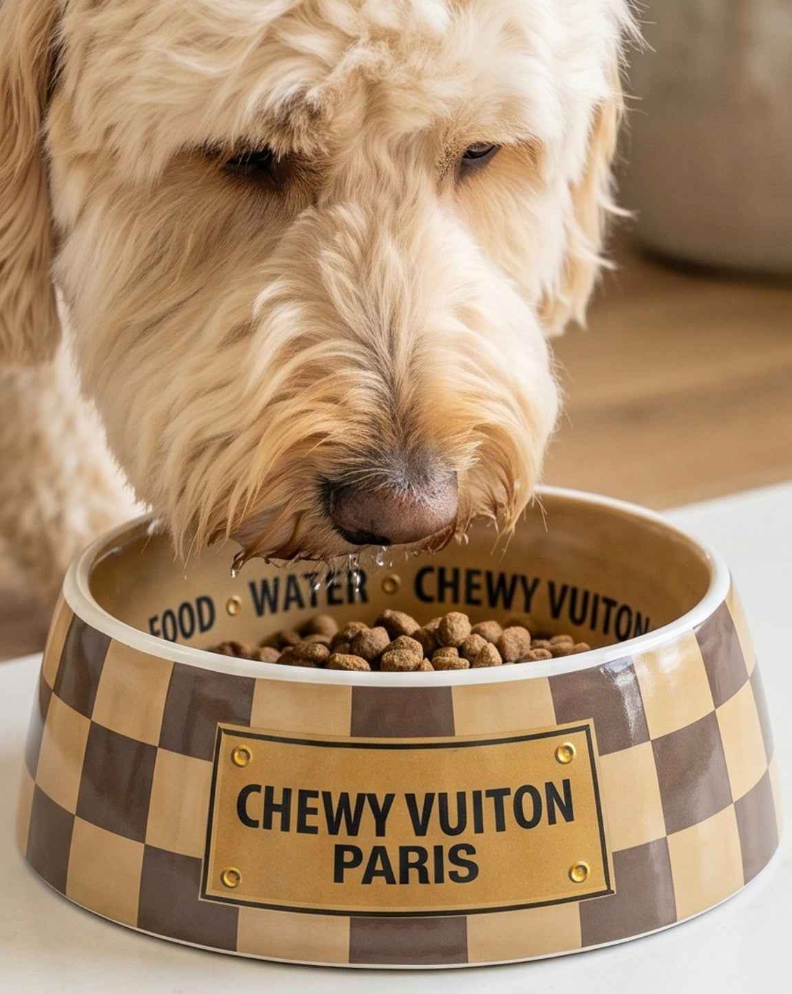 Haute Diggity Dog Tan Checker Chewy Vuiton Dog Bowl