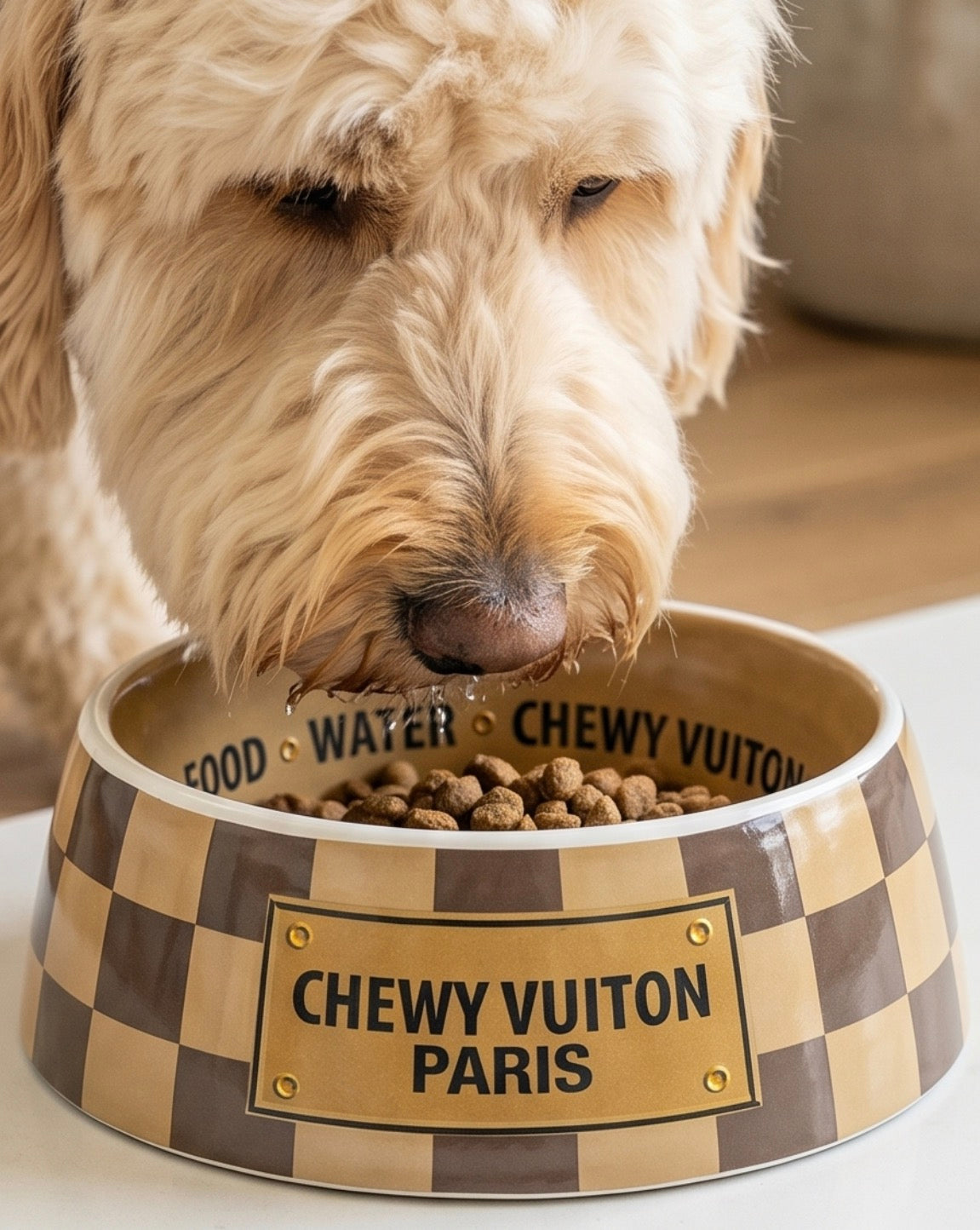 Haute Diggity Dog Tan Checker Chewy Vuiton Dog Bowl
