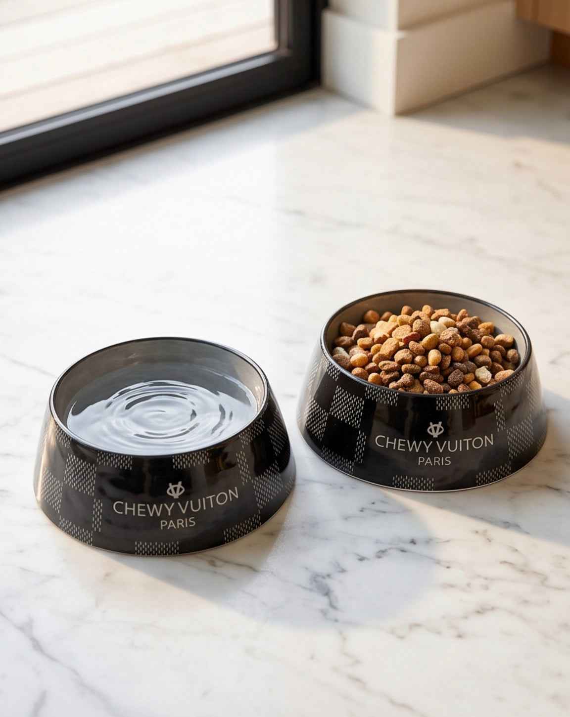 Haute Diggity Dog Black Checker Chewy Vuiton Bowl & Placemat Bundle