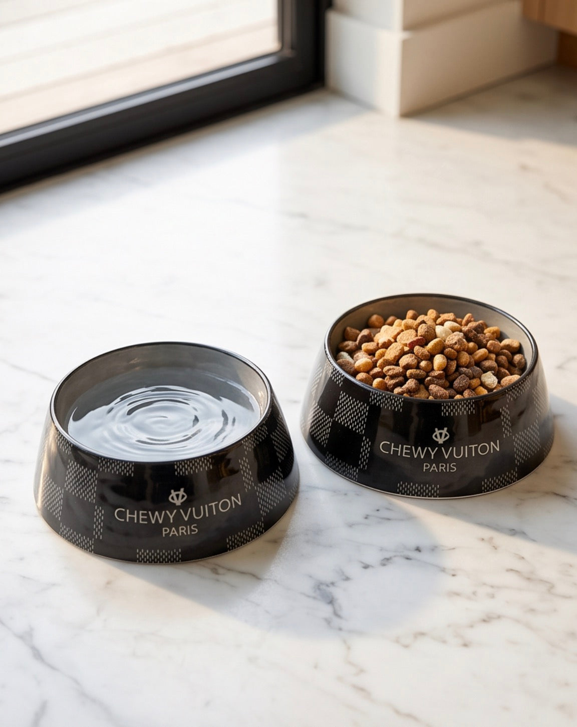 Haute Diggity Dog Black Checker Chewy Vuiton Bowl & Placemat Bundle