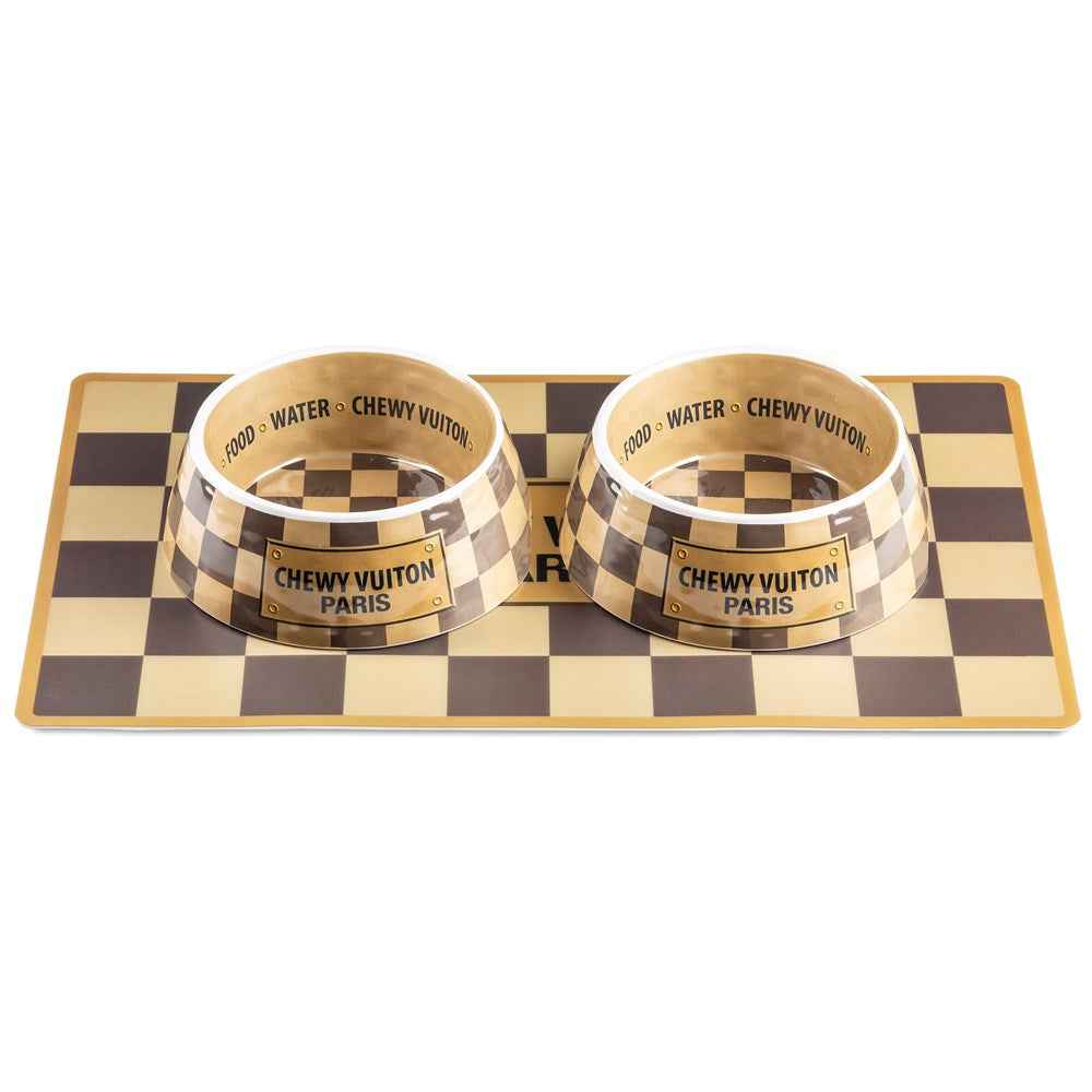 Haute Diggity Dog Tan Checker Chewy Vuiton Bowl & Placemat Bundle