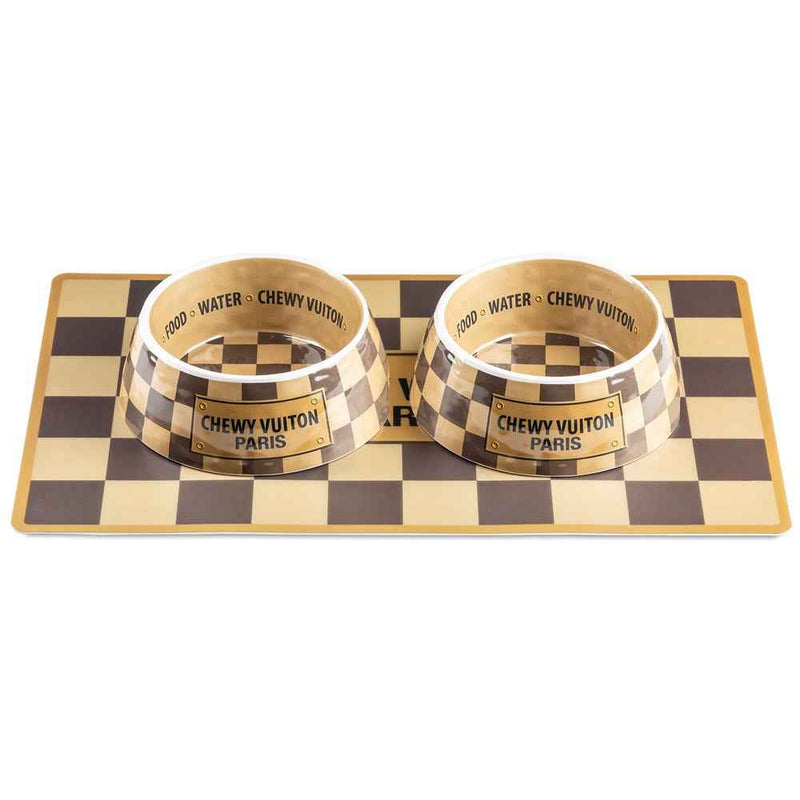 Haute Diggity Dog Tan Checker Chewy Vuiton Bowl & Placemat Bundle