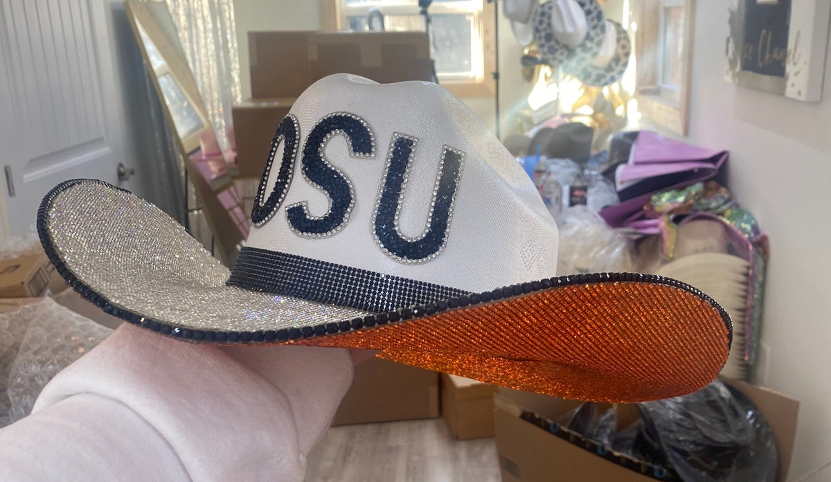 Oklahoma State Rhinestone Cowgirl Hat - detail view | HT Animal Supply