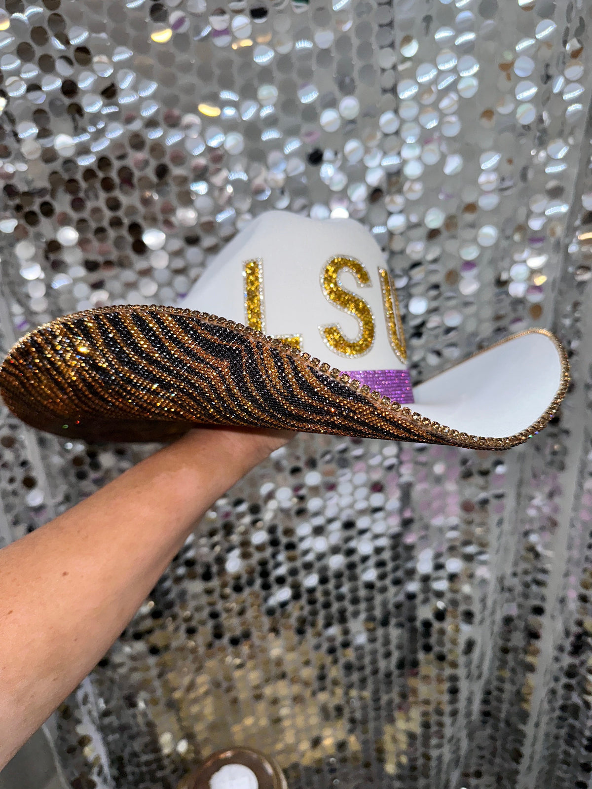LSU Tiger Print Rhinestone Cowgirl Hat - back view | HT Animal Supply