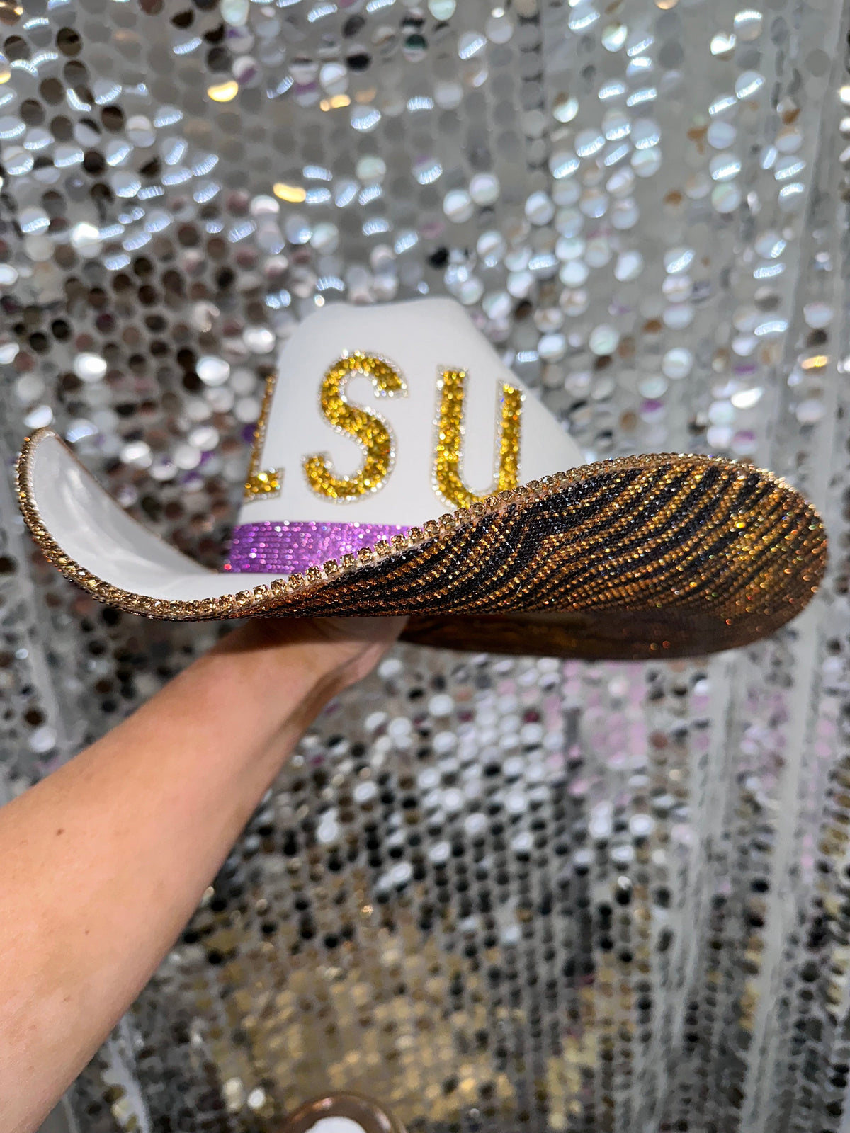LSU Tiger Print Rhinestone Cowgirl Hat - detail view | HT Animal Supply