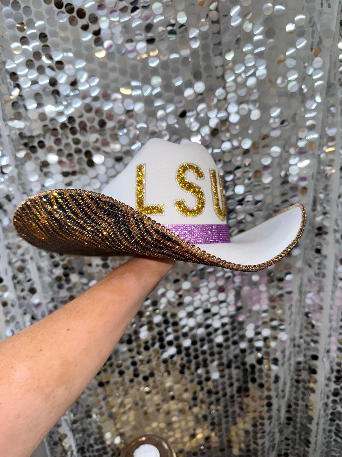 LSU Tiger Print Rhinestone Cowgirl Hat - detail view | HT Animal Supply