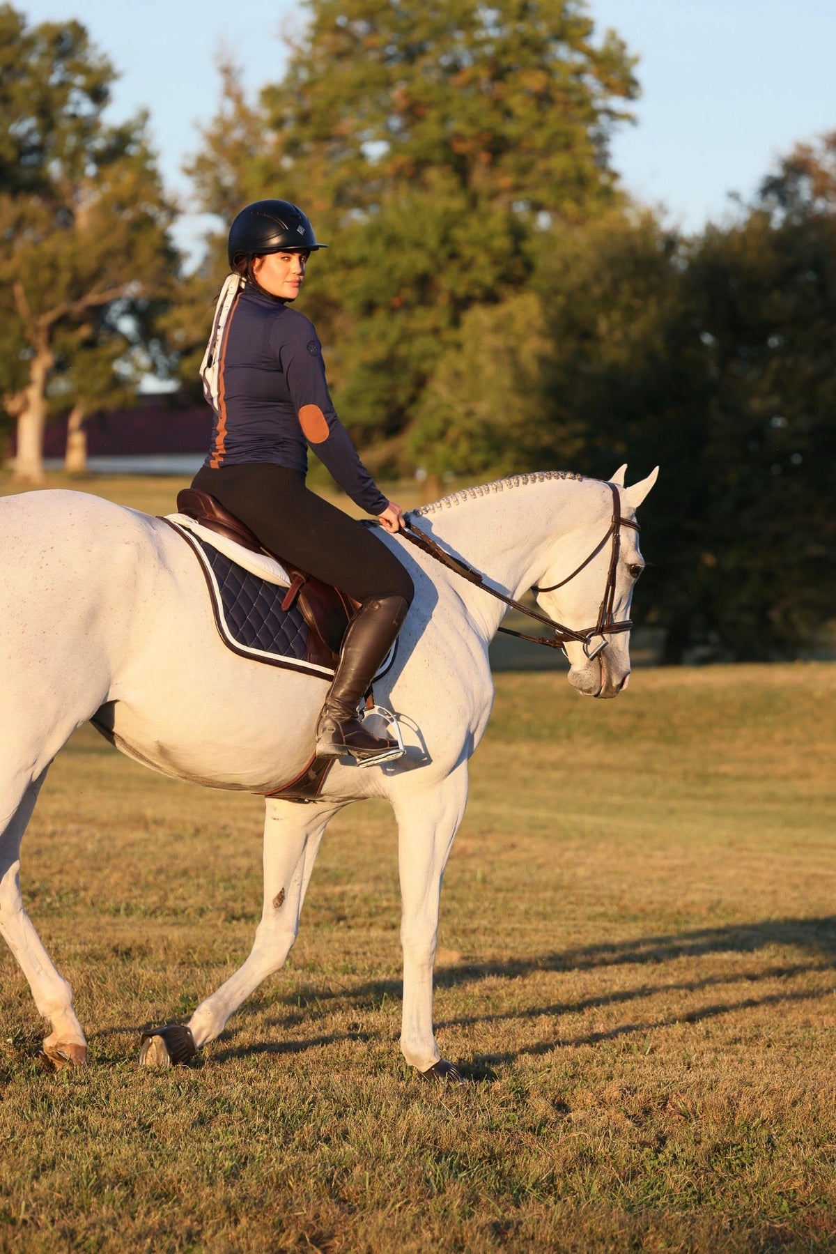 San Eligius navy quilted jump saddle pad with white and brown leather piping, back view