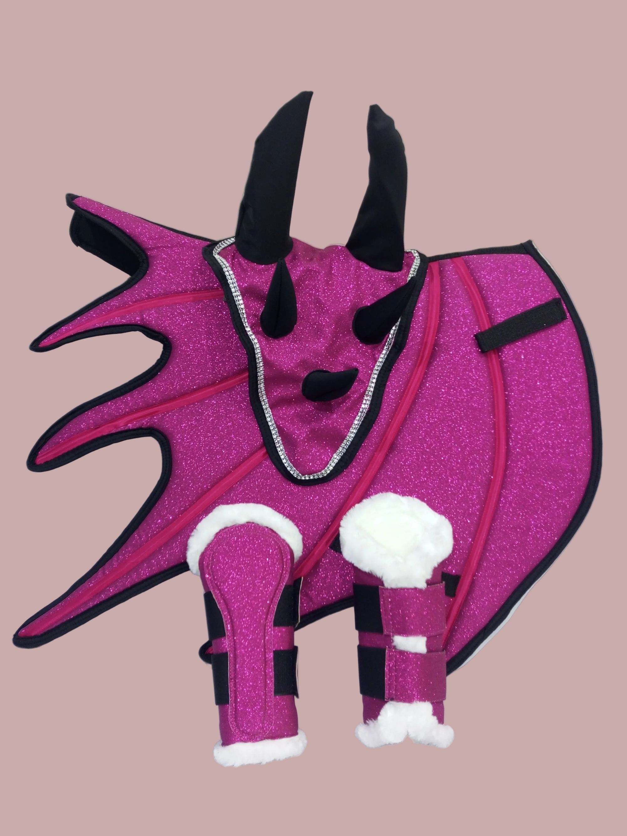 Pink Horse Dragon Saddle Pad, Ear Bonnet & Horse Boot Set