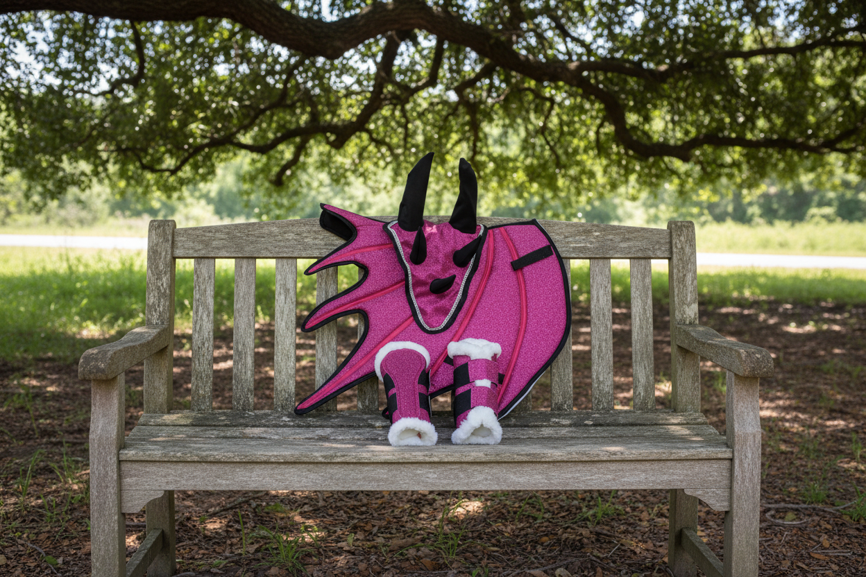 Pink Horse Dragon Saddle Pad, Ear Bonnet & Horse Boot Set