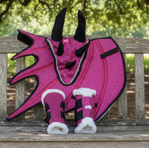 Pink Horse Dragon Saddle Pad, Ear Bonnet & Horse Boot Set