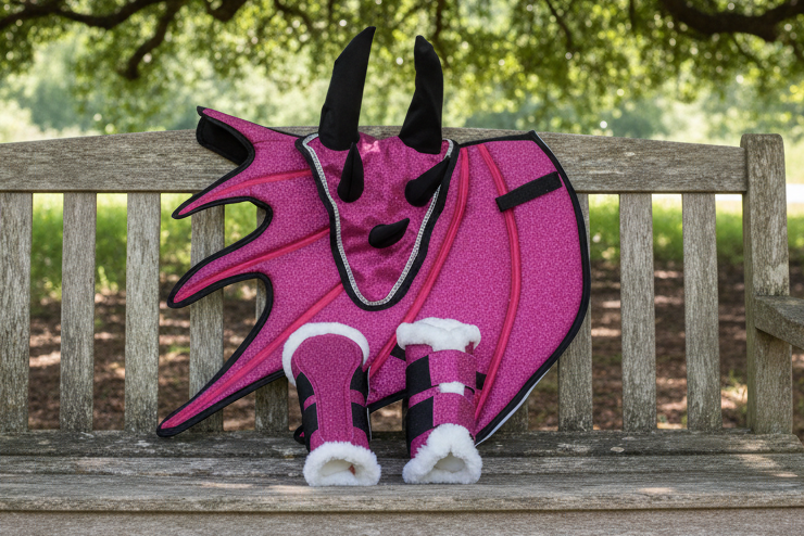Pink Horse Dragon Saddle Pad, Ear Bonnet & Horse Boot Set