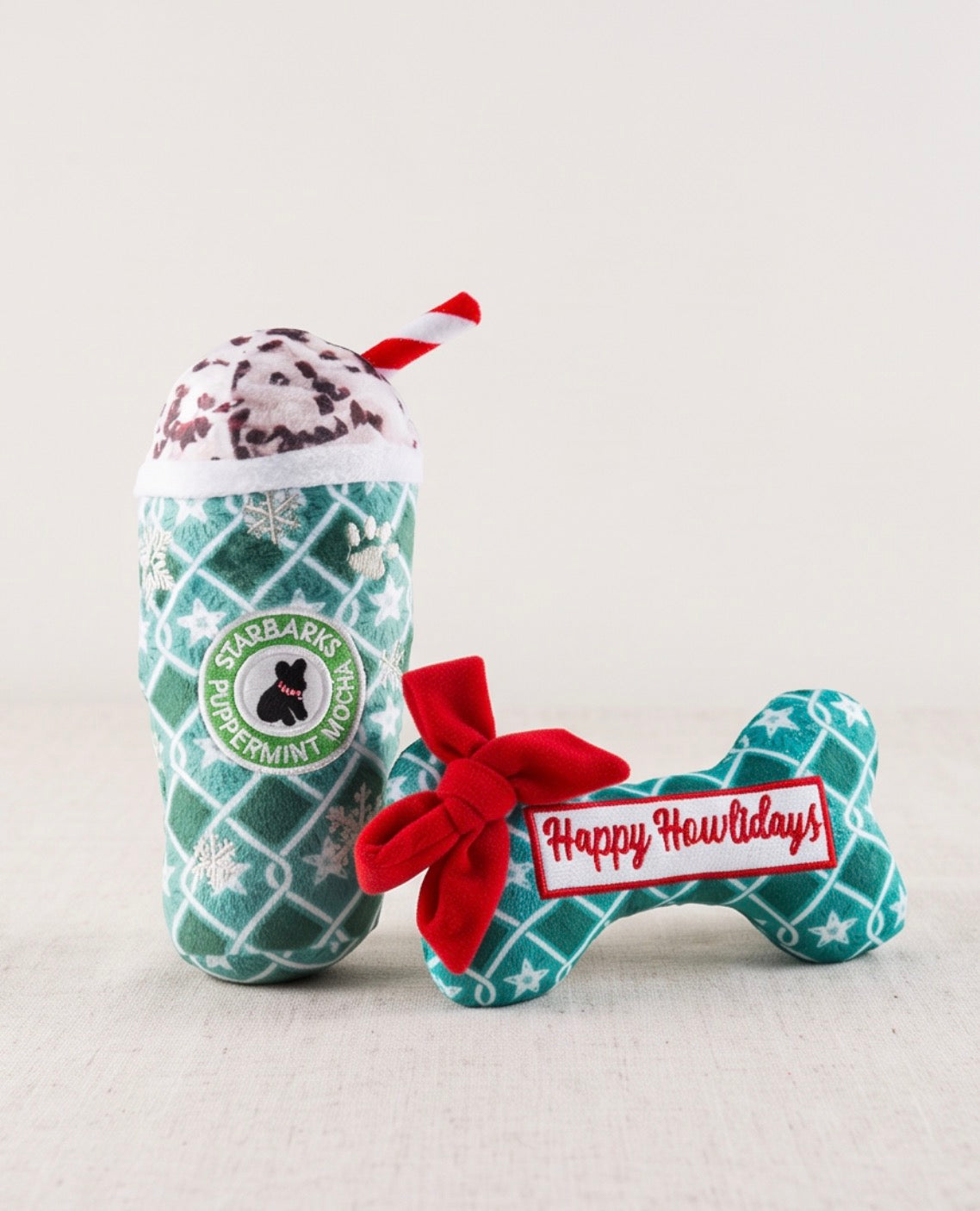 Haute Diggity Dog Starbarks Puppermint Mocha Green Stars Cup & Bone Plush Dog Toy