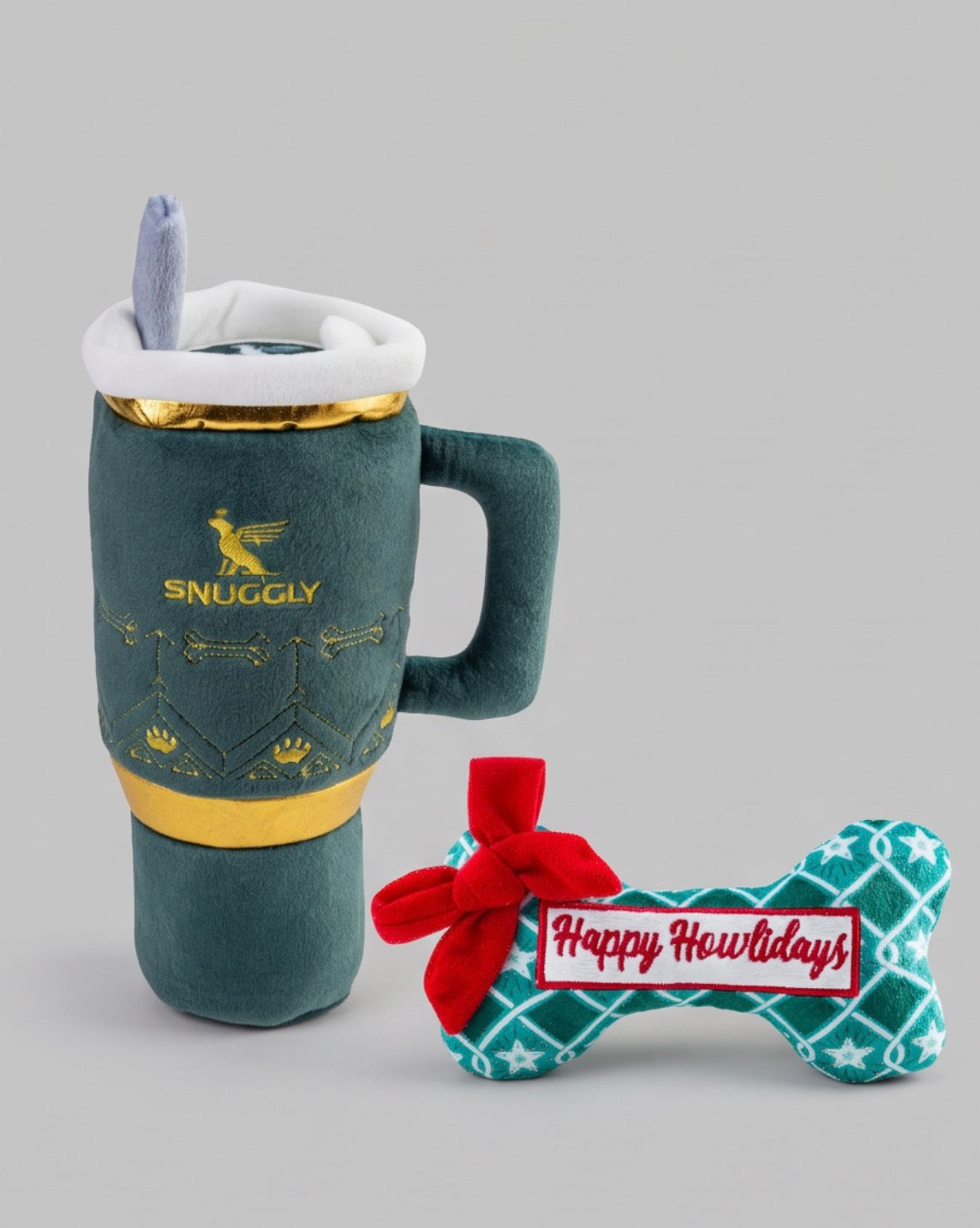 Haute Diggity Dog Snuggly Cup Holiday Green & Green Stars Bone Christmas Plush Dog Toy