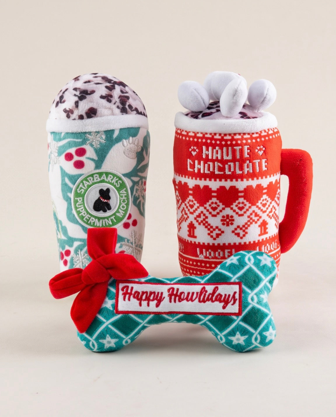 Haute Diggity Dog Holly Cup, Green Stars Bone, & Haute Chocolate Christmas Plush Dog Toy