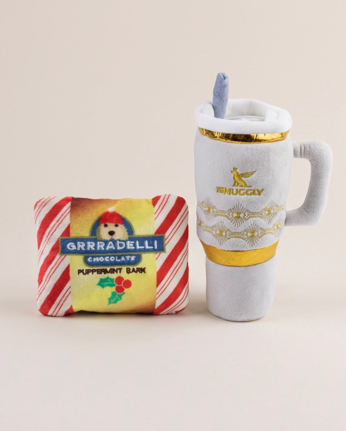 Haute Diggity Dog Snuggly Cup Holiday Ivory & Grrradelli Bark Square Christmas Plush Dog Toy