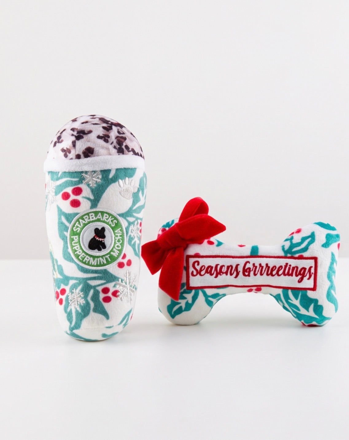 Haute Diggity Dog Starbarks Puppermint Mocha Holly Cup & Bone Plush Dog Toy