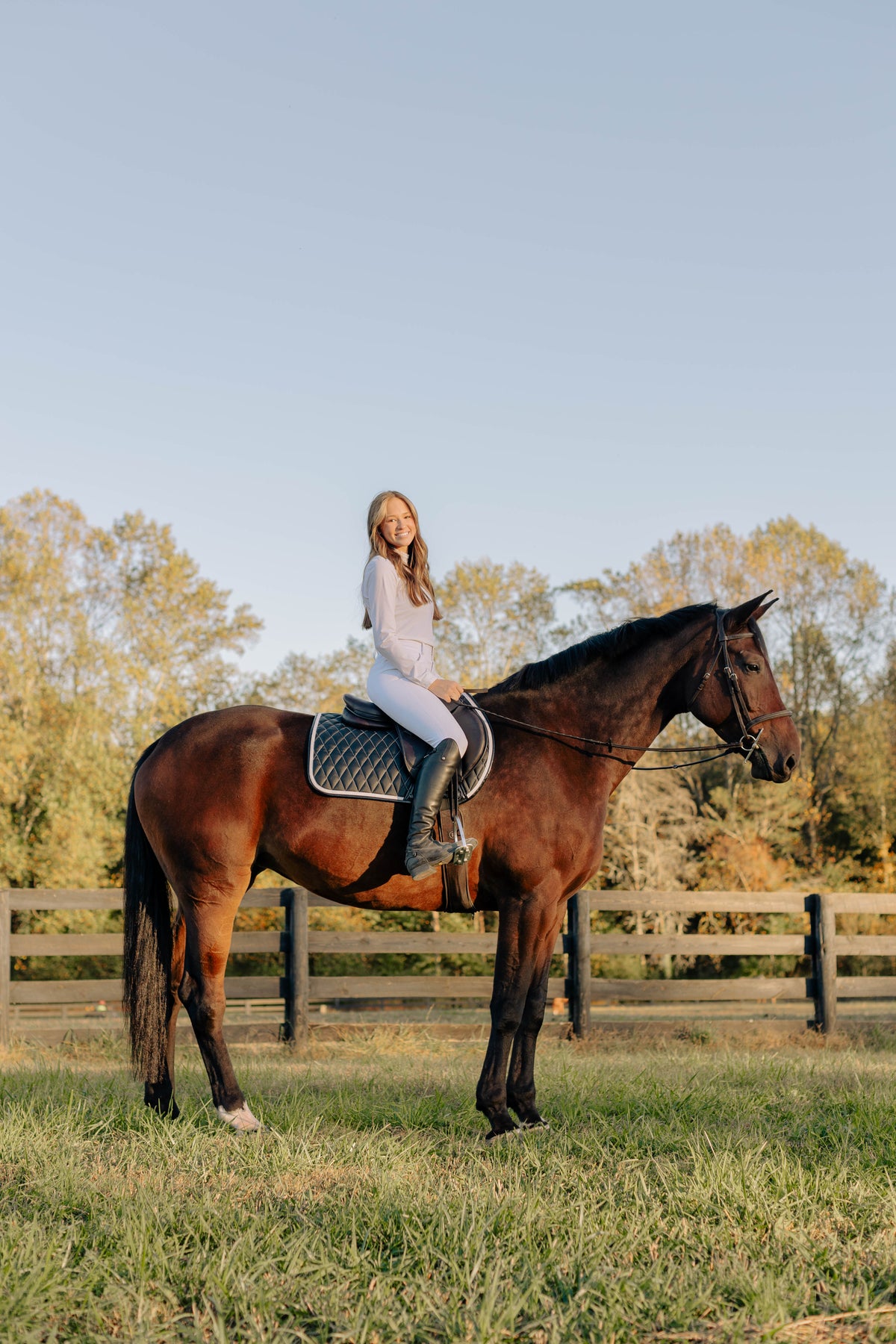 San Eligius black quilted jump saddle pad with white and black crocodile piping, side profile view