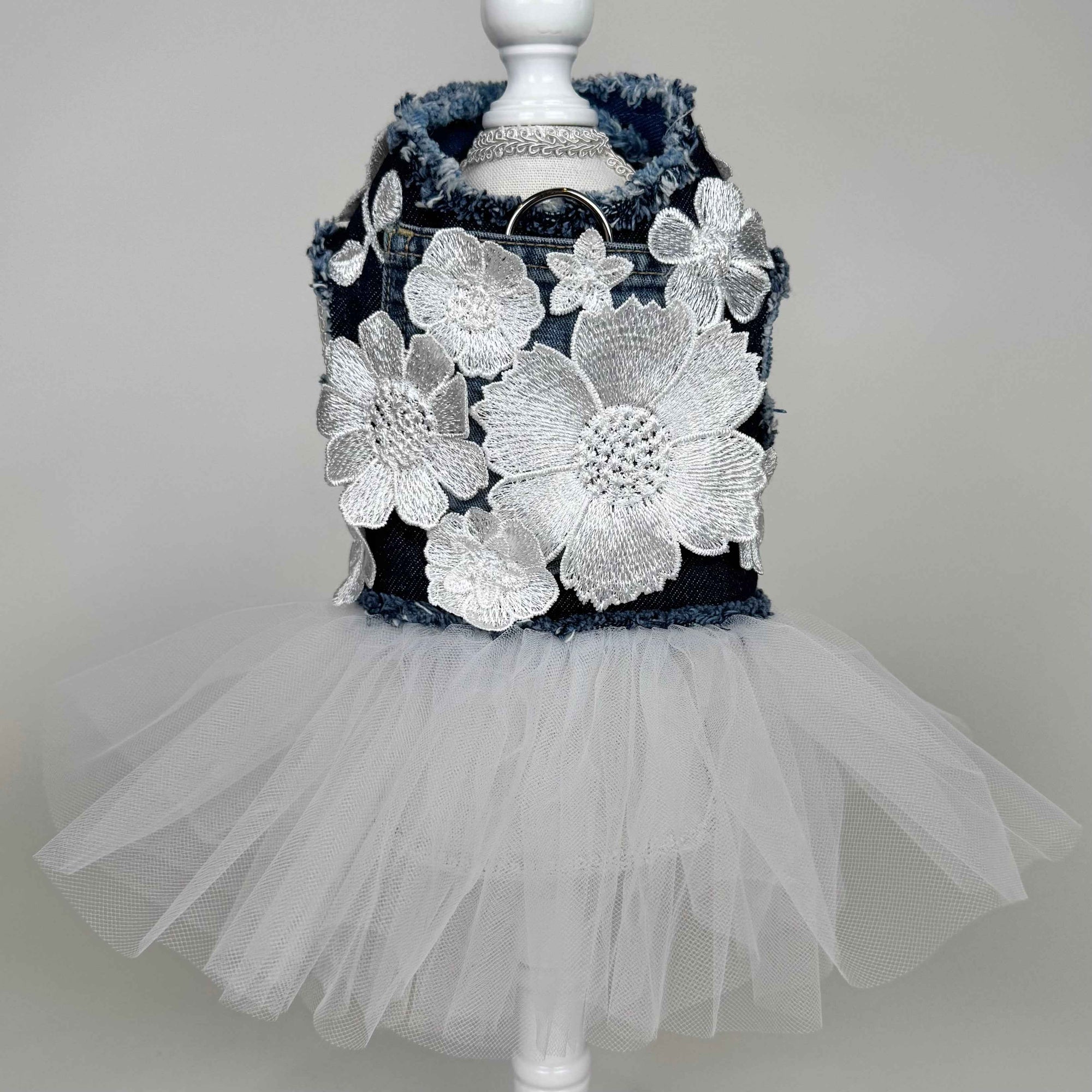 Heads or Tails Pup Coconut Chantilly Bouquet Denim Dog Dress