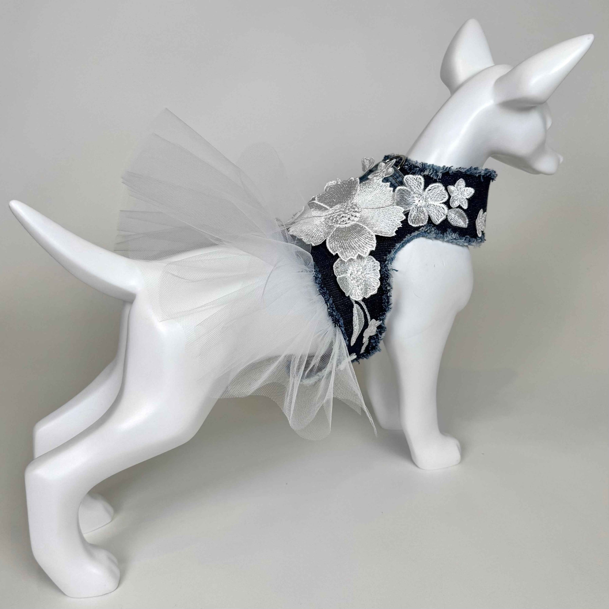 Heads or Tails Pup Coconut Chantilly Bouquet Denim Dog Dress