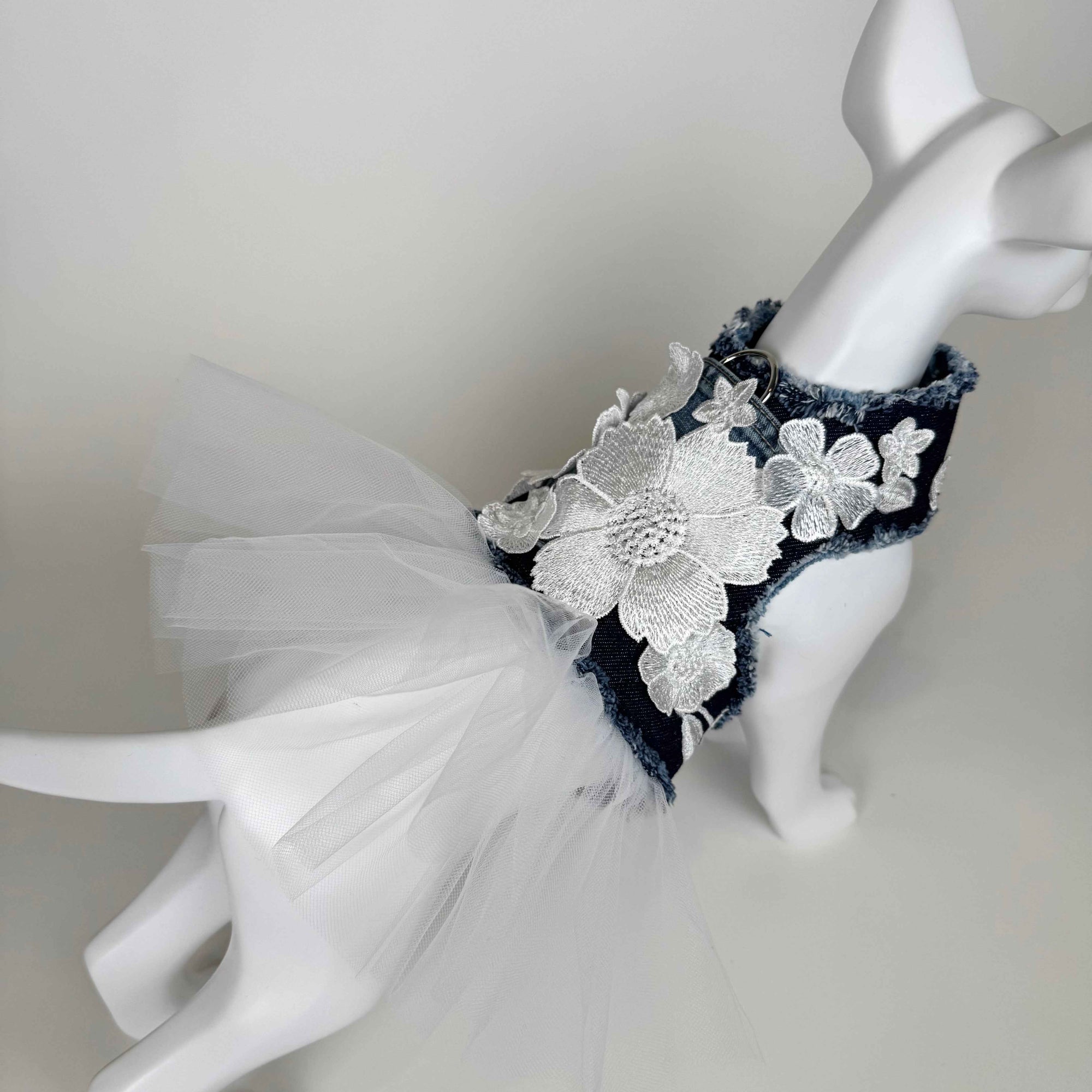 Heads or Tails Pup Coconut Chantilly Bouquet Denim Dog Dress