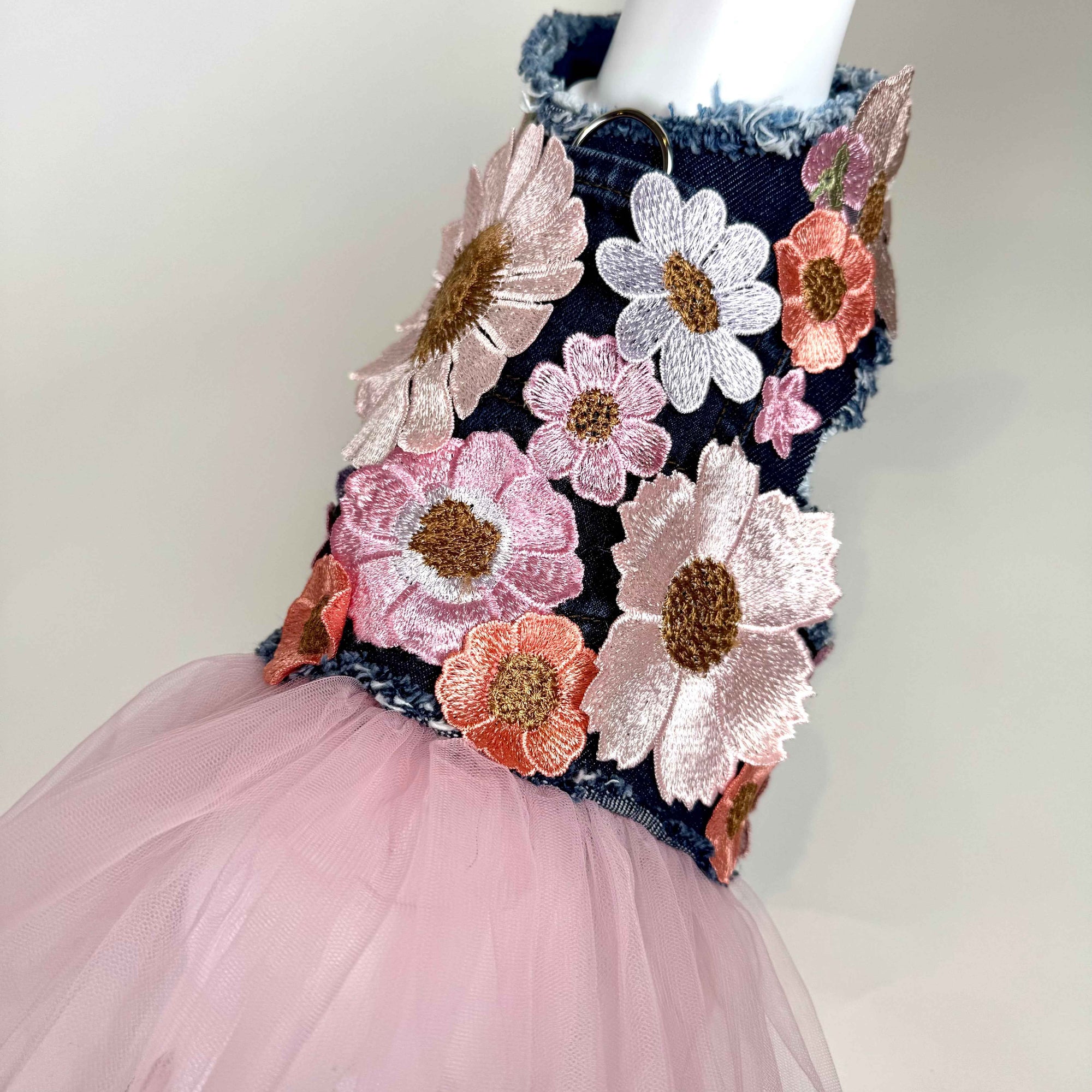 Heads or Tails Pup Peaches & Cream Bouquet Denim Dog Dress
