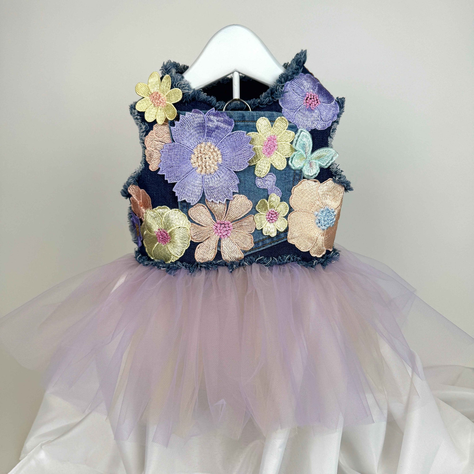 Heads or Tails Pup Ube Buttercream Bouquet Denim Dog Dress