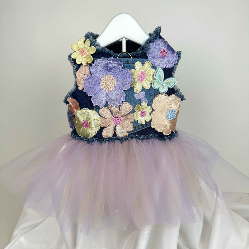 Heads or Tails Pup Ube Buttercream Bouquet Denim Dog Dress