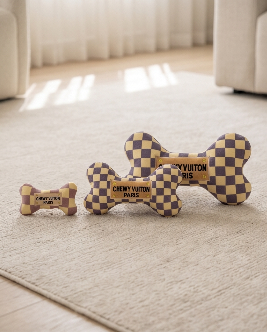 Haute Diggity Dog Tan Checker Chewy Vuiton Bone Toy Plush Dog Toy