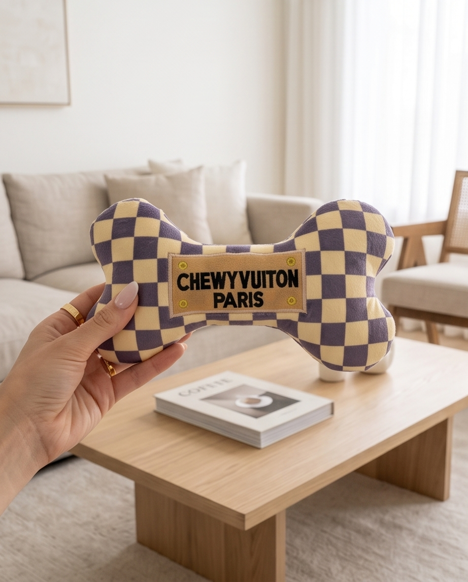 Haute Diggity Dog Tan Checker Chewy Vuiton Bone Toy Plush Dog Toy