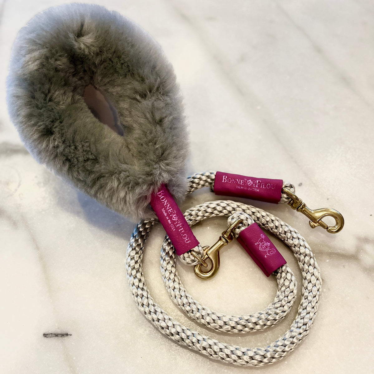 Bonne et Filou – Shearling Fur Grip & Rope Dog Leash Set