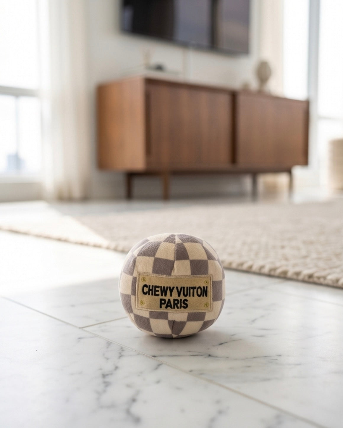 Haute Diggity Dog Tan Checker Chewy Vuiton Ball Plush Dog Toy