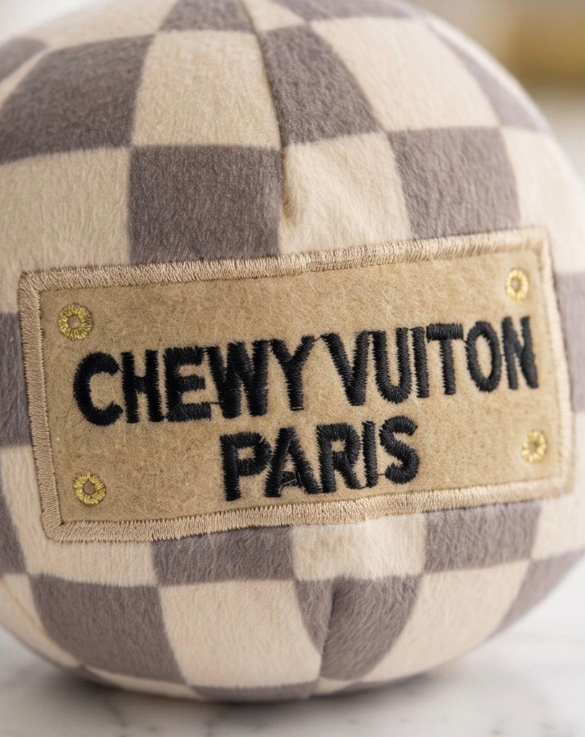 Haute Diggity Dog Tan Checker Chewy Vuiton Ball Plush Dog Toy