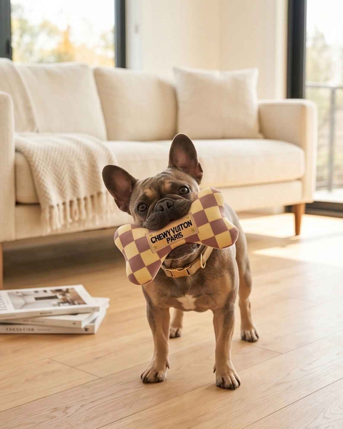Haute Diggity Dog Tan Checker Chewy Vuiton Bone Toy Plush Dog Toy