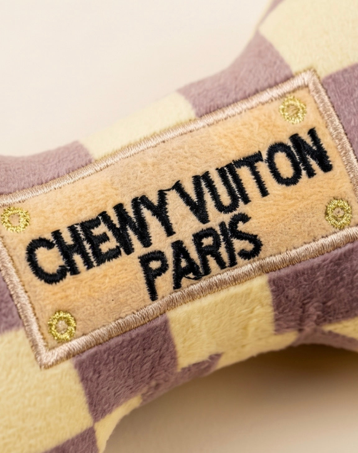 Haute Diggity Dog Tan Checker Chewy Vuiton Bone Toy Plush Dog Toy