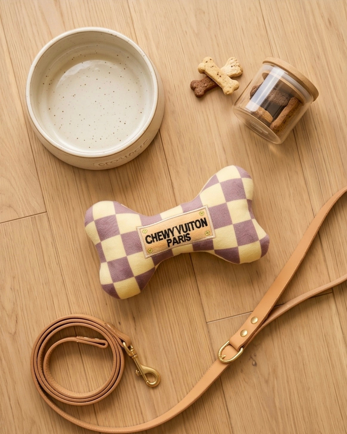 Haute Diggity Dog Tan Checker Chewy Vuiton Bone Toy Plush Dog Toy