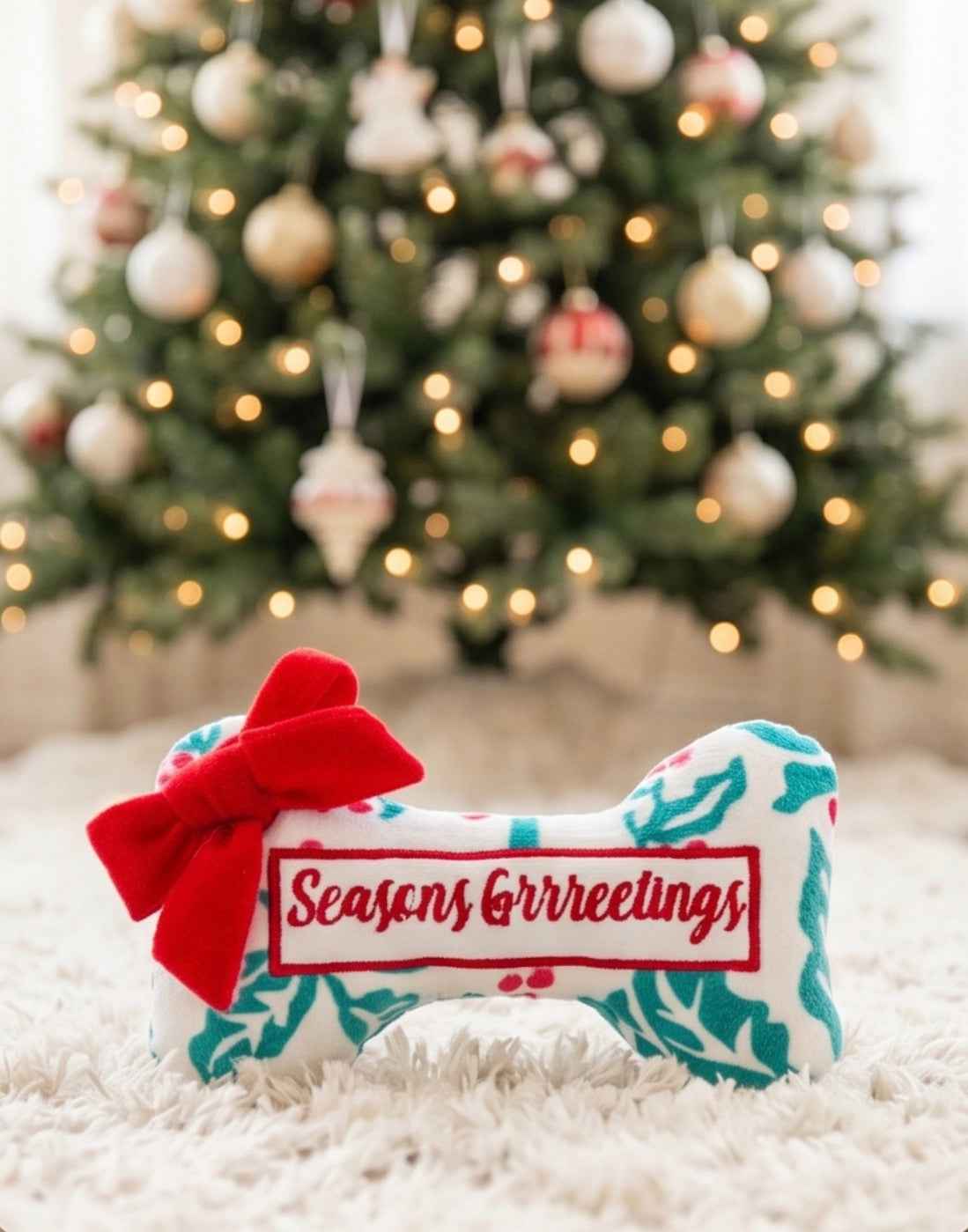 Haute Diggity Dog Holly Print Bone - Seasons Grrreetings Christmas Plush Dog Toy Holiday Christmas Plush Dog Toy