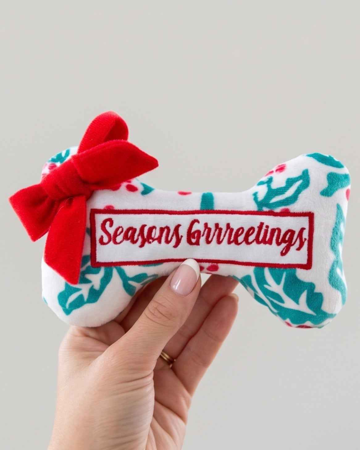 Haute Diggity Dog Holly Print Bone - Seasons Grrreetings Christmas Plush Dog Toy Holiday Christmas Plush Dog Toy