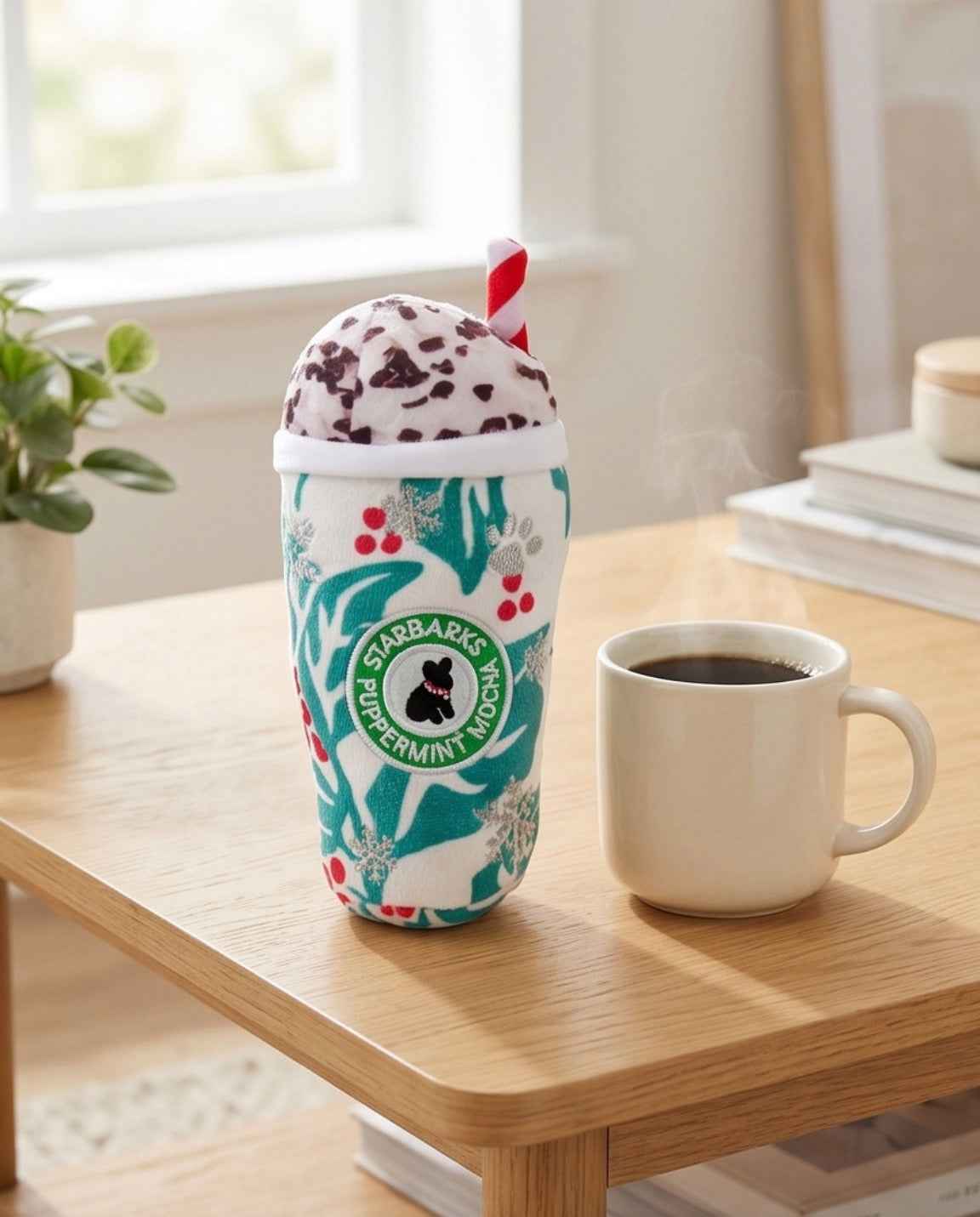 Haute Diggity Dog Starbarks Puppermint Mocha Holly Print Cup Plush Dog Toy