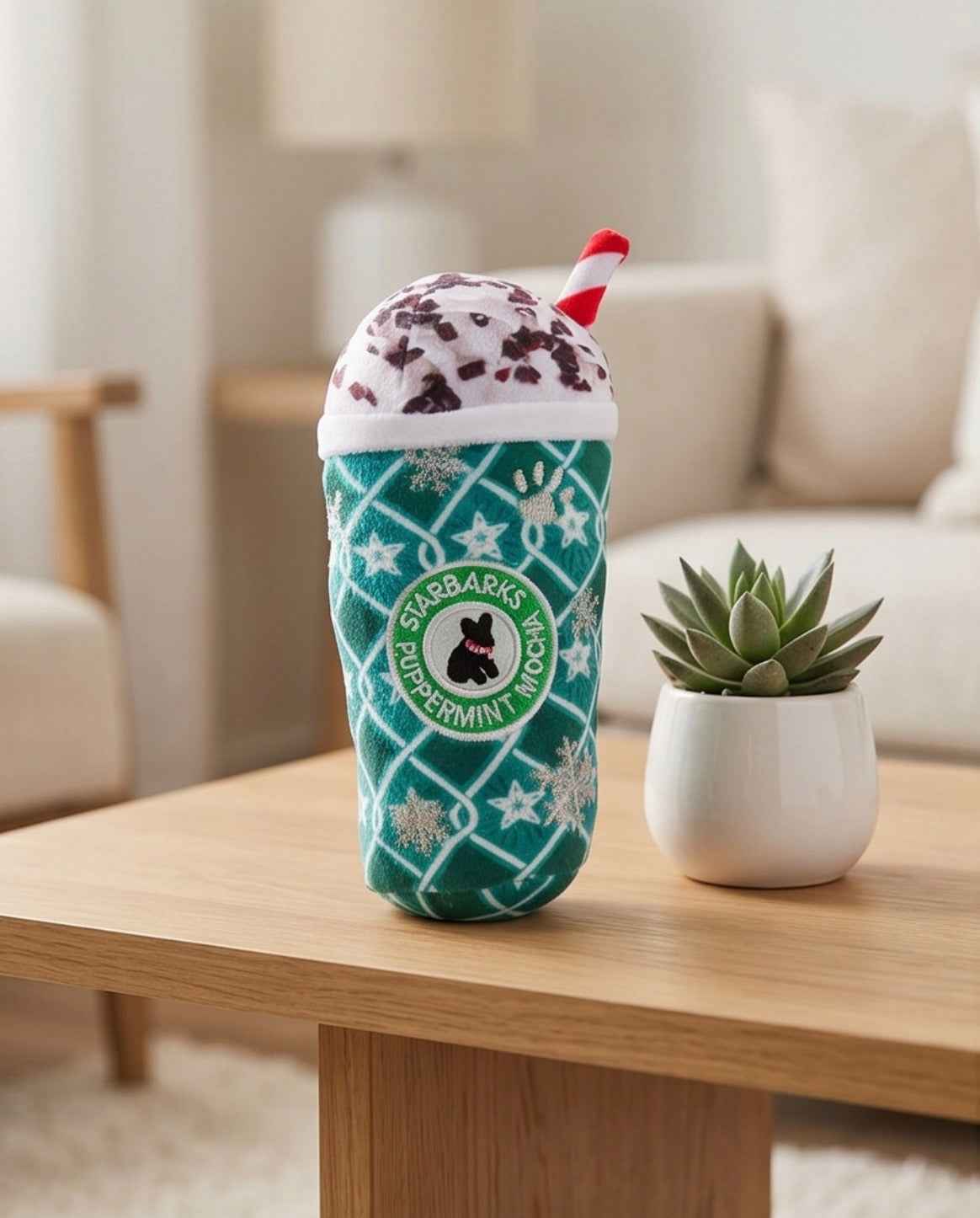 Haute Diggity Dog Starbarks Puppermint Mocha - Green Stars Cup Christmas Plush Dog Toy Holidays Christmas Plush Dog Toy