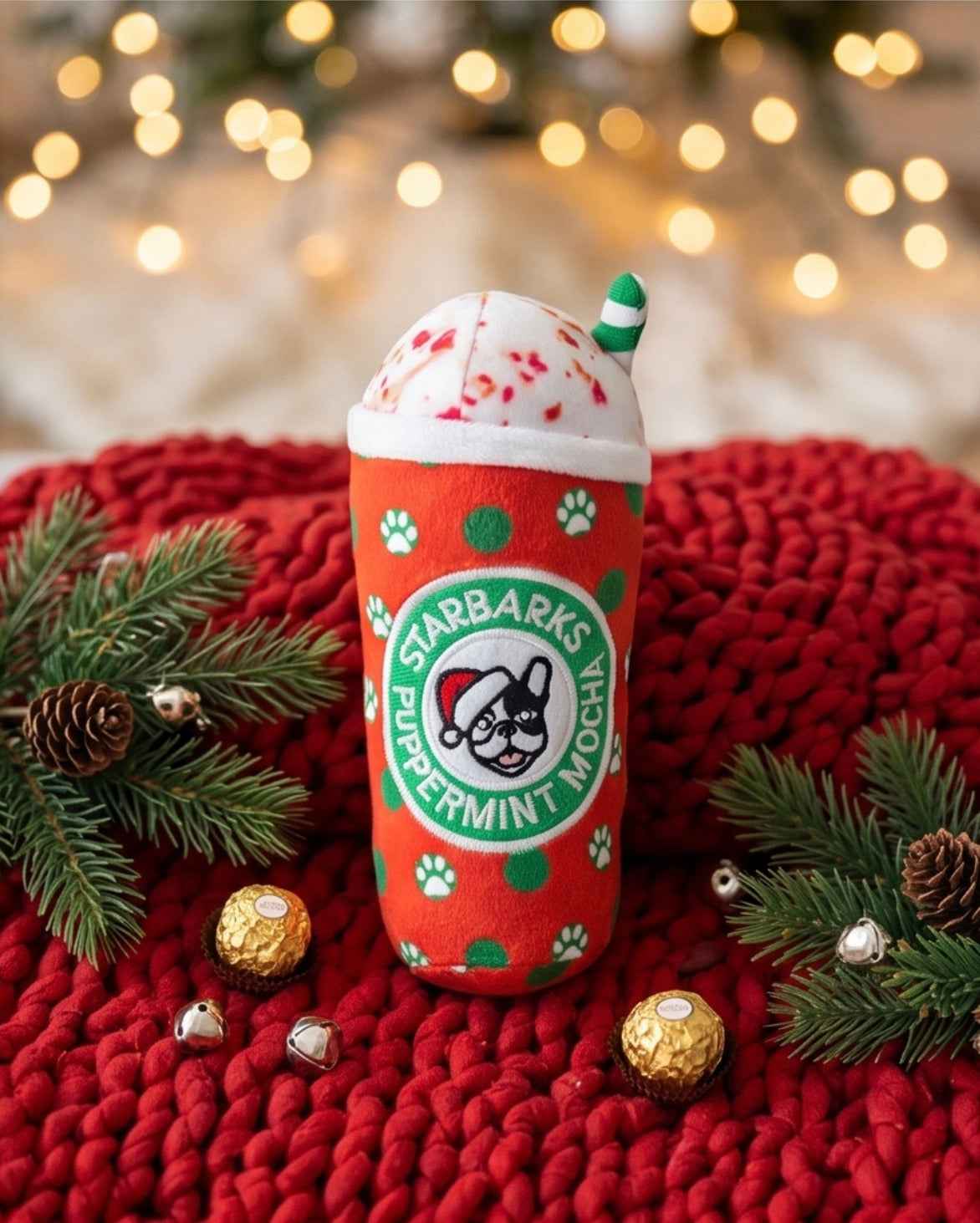 Haute Diggity Dog Starbarks Puppermint Mocha - Christmas Holiday Dots Cup Christmas Plush Dog Toy