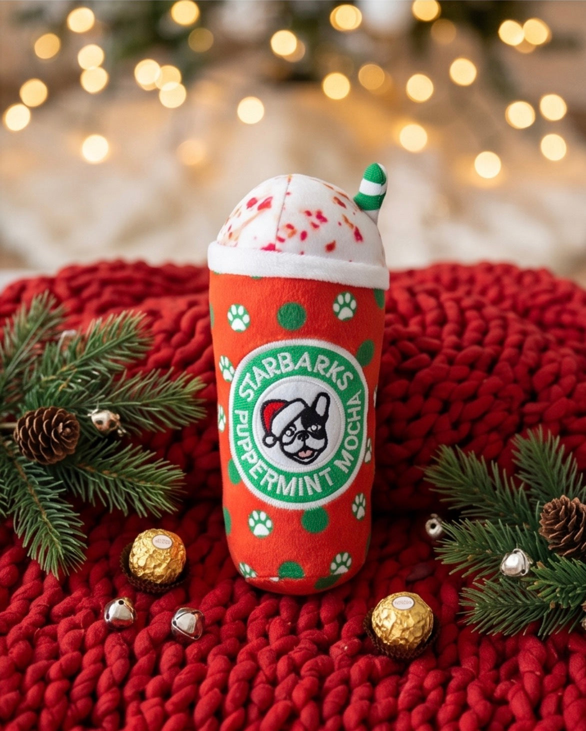 Haute Diggity Dog Starbarks Puppermint Mocha - Christmas Holiday Dots Cup Christmas Plush Dog Toy