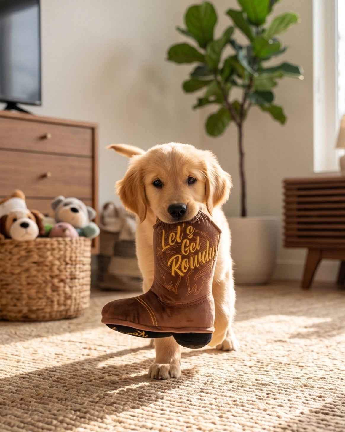 Haute Diggity Dog Brown Cowboy Boot Plush Dog Toy