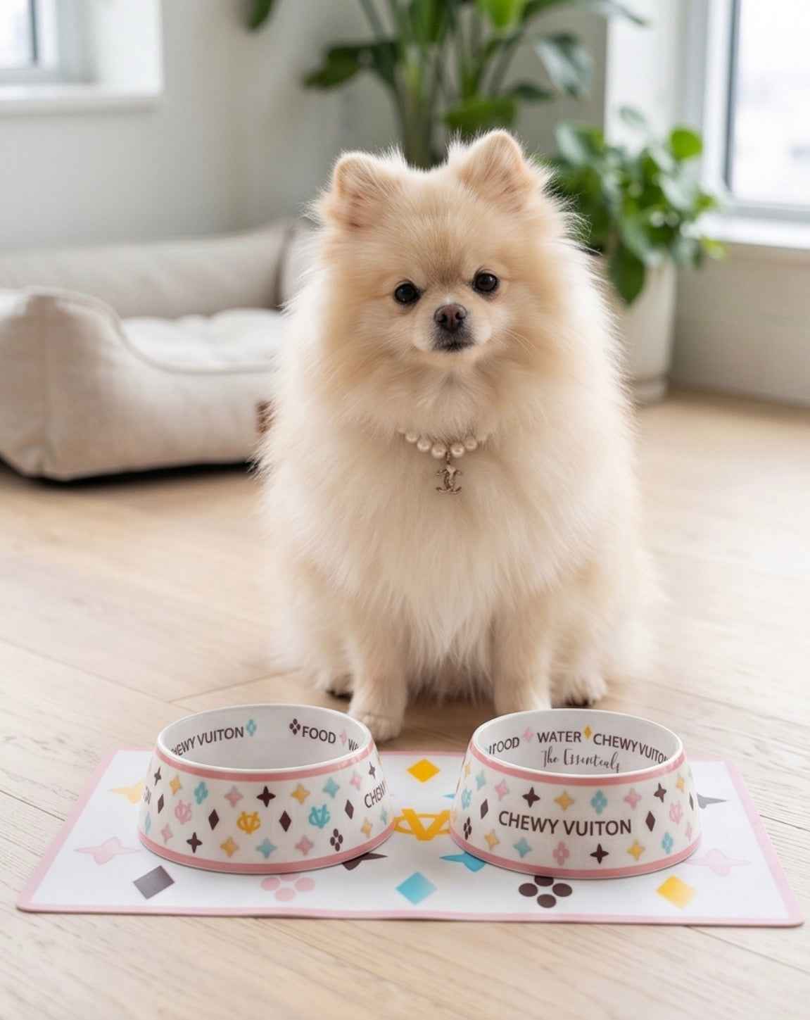 Haute Diggity Dog White Chewy Vuiton Bowl & Placemat Bundle