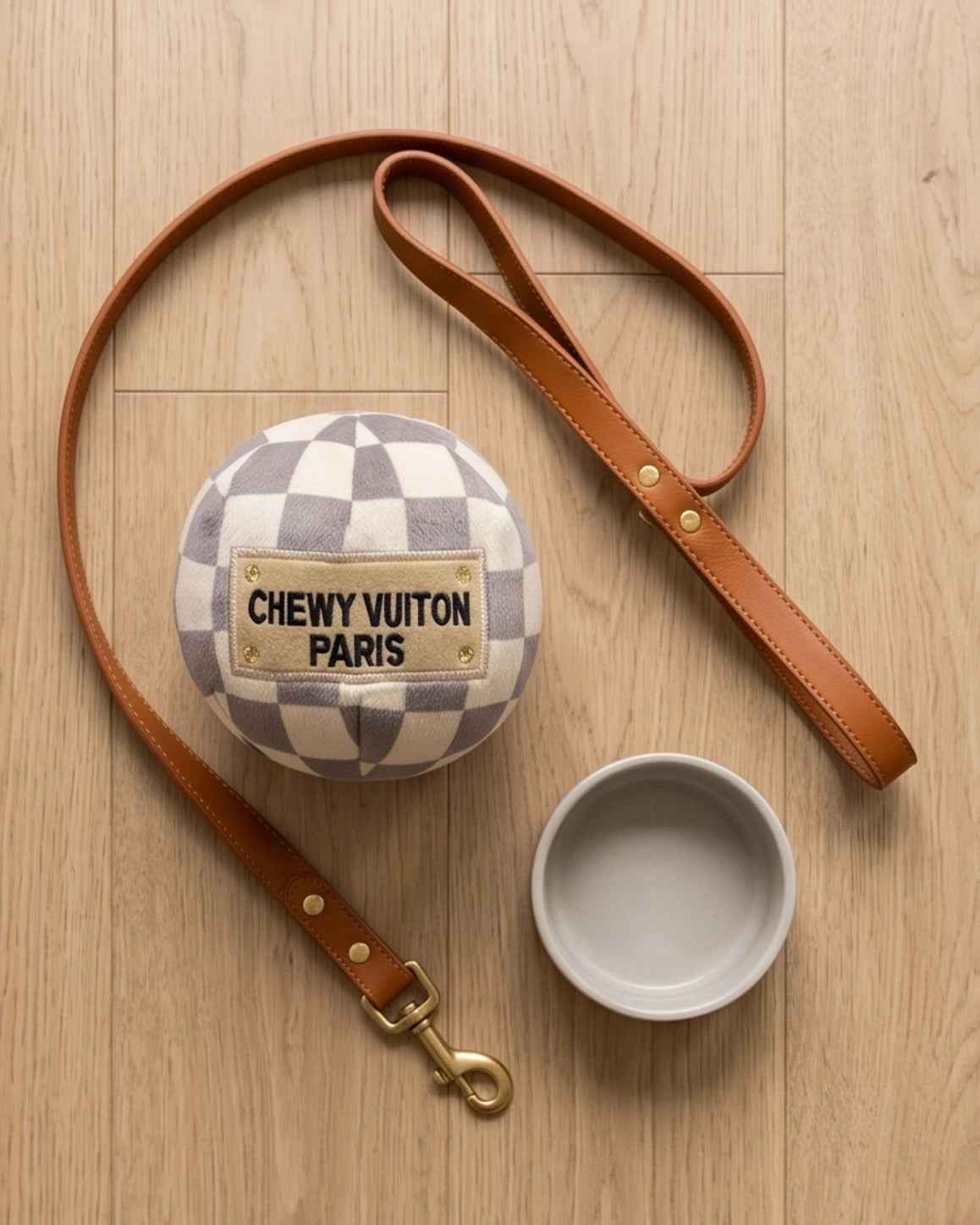 Haute Diggity Dog Tan Checker Chewy Vuiton Ball Plush Dog Toy