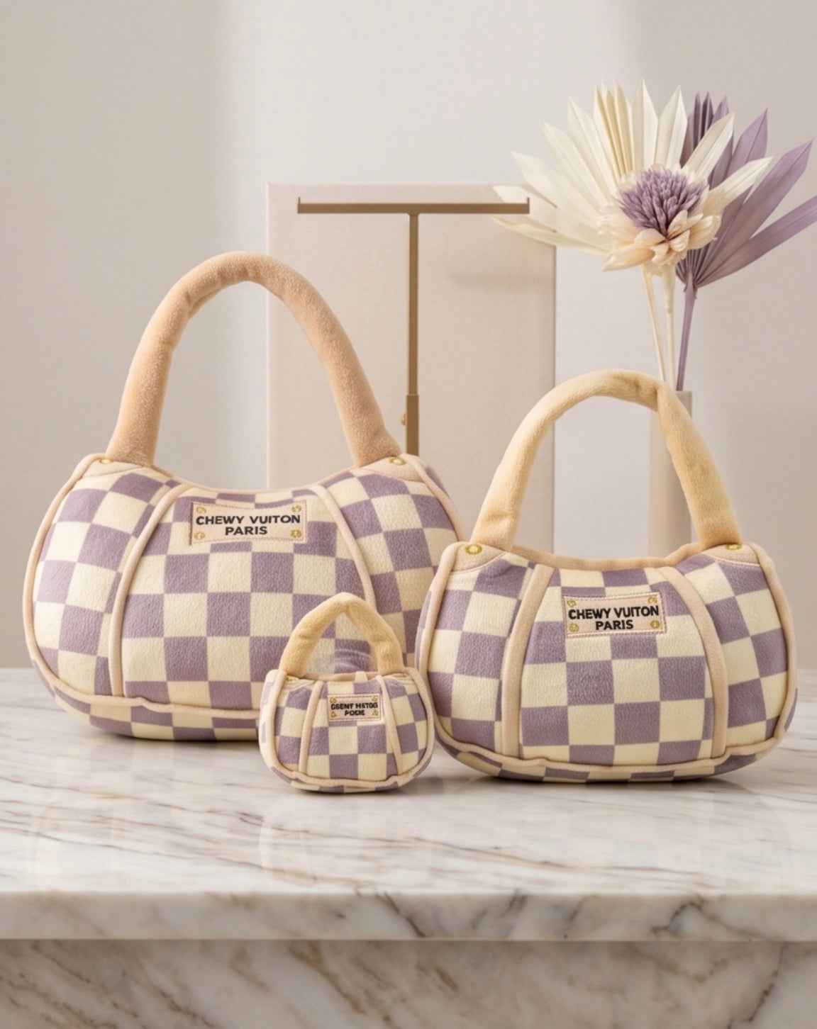 Haute Diggity Dog Tan Checker Chewy Vuiton Handbag Plush Dog Toy