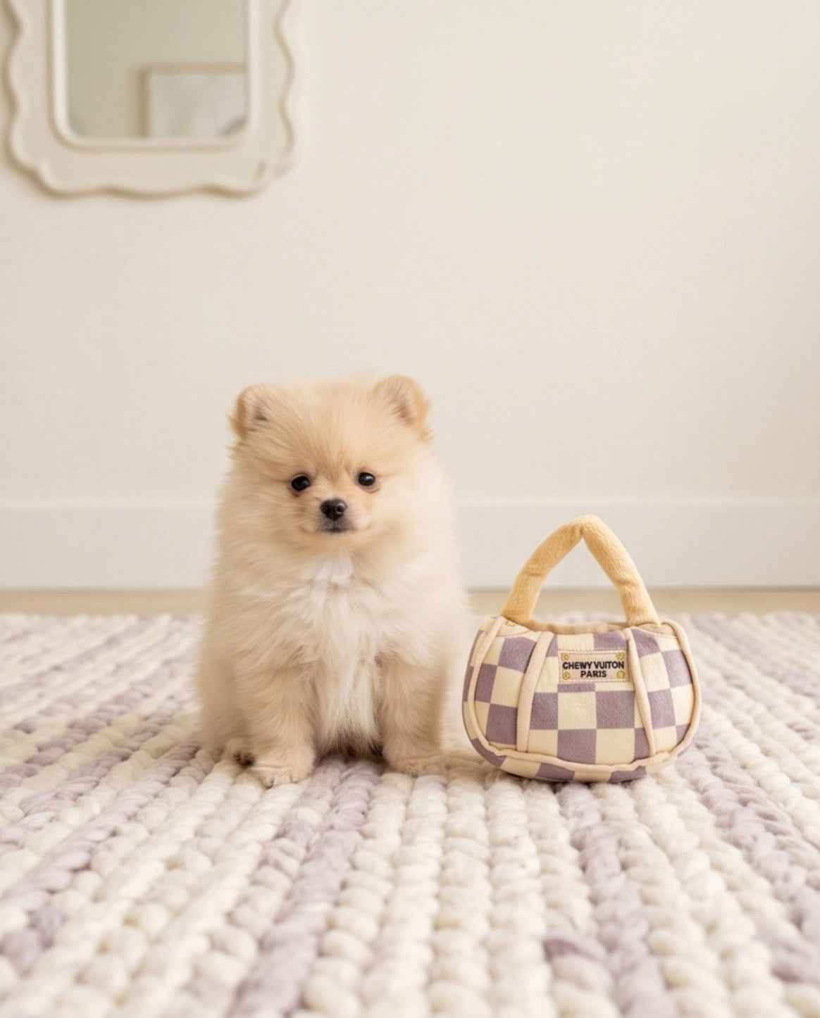 Haute Diggity Dog Tan Checker Chewy Vuiton Handbag Plush Dog Toy