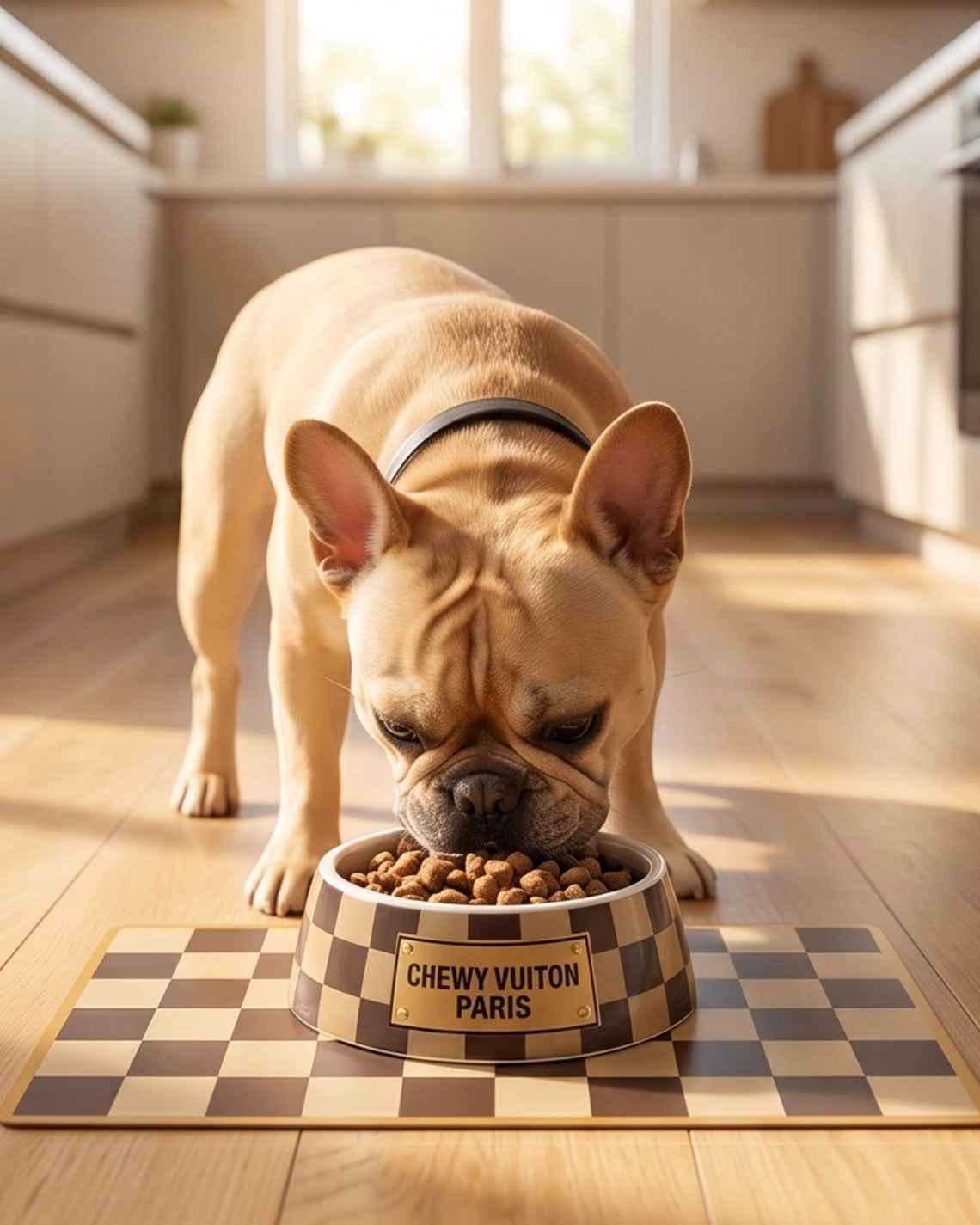 Haute Diggity Dog Tan Checker Chewy Vuiton Bowl & Placemat Bundle